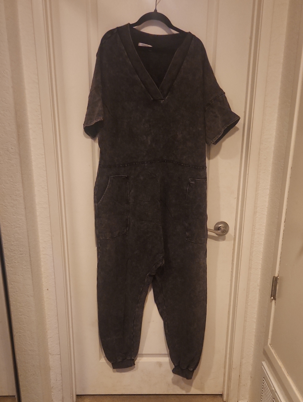 Zenana Outfitters Washed Charcoal V-Neck Relaxed Jumpsuit